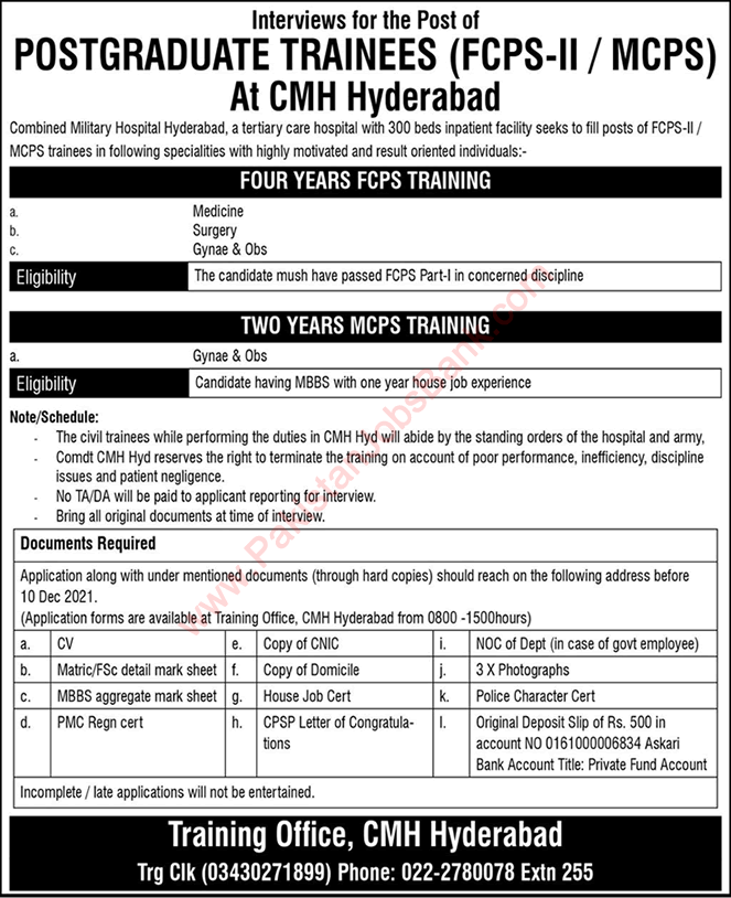 CMH Hyderabad FCPS / MCPS Postgraduate Training November 2021 Combined Military Hospital Latest