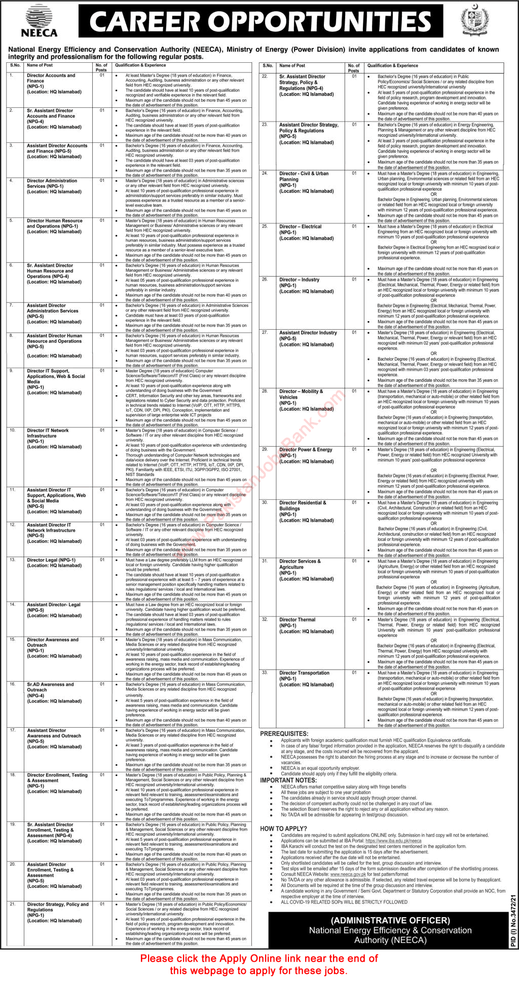NEECA Islamabad Jobs 2021 November / December Apply Online National Energy Efficiency and Conservation Authority Latest