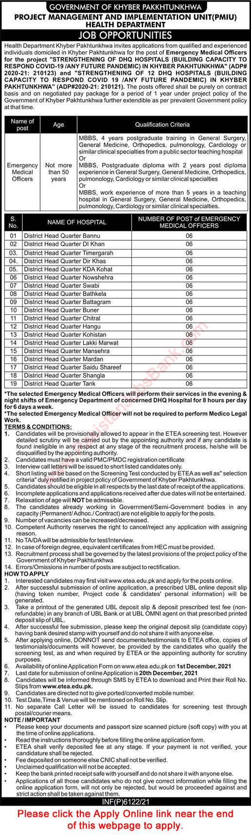 Emergency Medical Officer Jobs in Health Department KPK December 2021 ETEA Apply Online EMIU Latest