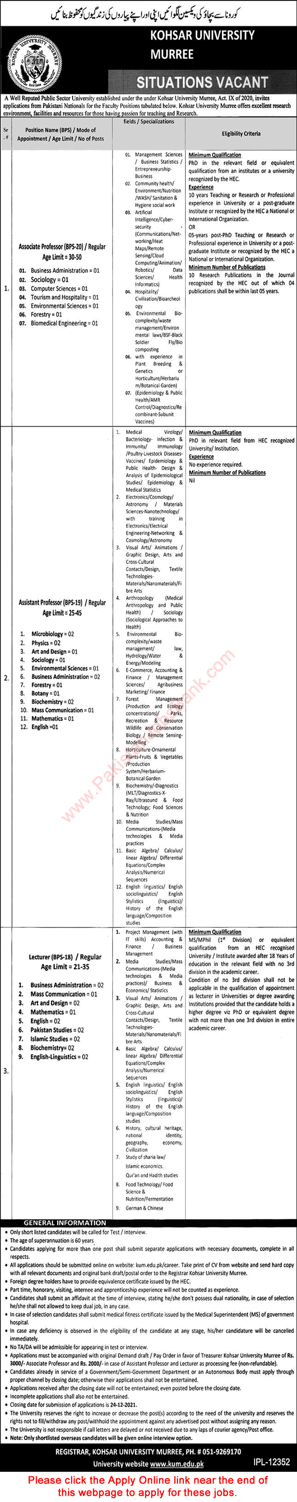 Teaching Faculty Jobs in Kohsar University Murree December 2021 Apply Online Latest