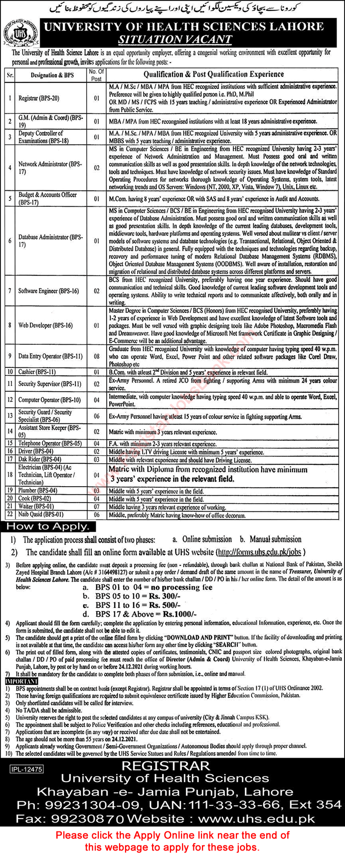 University of Health Sciences Lahore Jobs December 2021 UHS Apply Online Latest