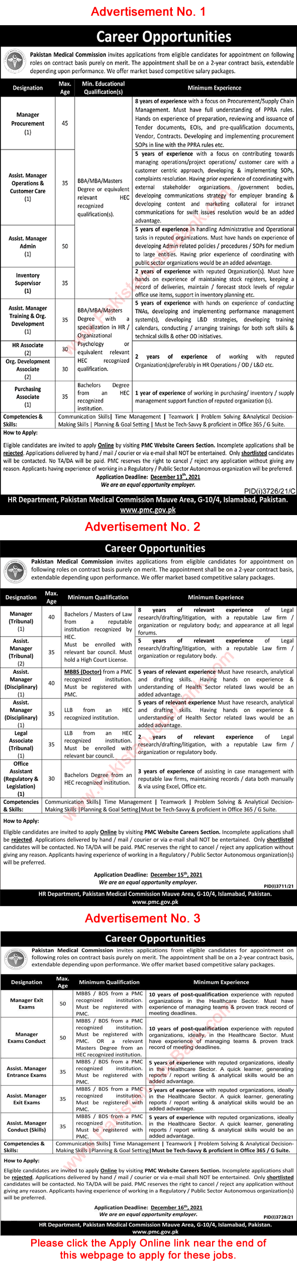 Pakistan Medical Commission Islamabad Jobs December 2021 PMC Apply Online Assistant Managers & Others Latest