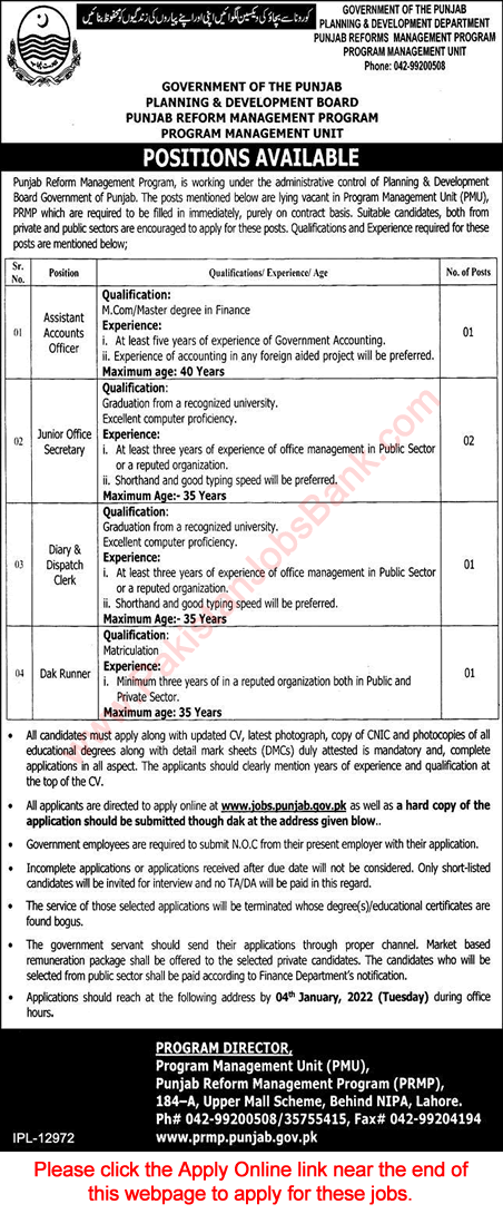 Planning and Development Board Punjab Jobs December 2021 Apply Online Reform Management Program Latest