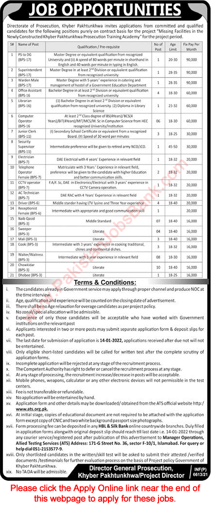 Directorate of Prosecution KPK Jobs December 2021 ATS Apply Online Chowkidar, Waiters, Naib Qasid & Others Latest