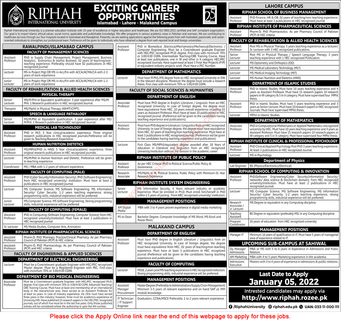 Riphah International University Jobs December 2021 Apply Online RIU Teaching Faculty & Others Latest