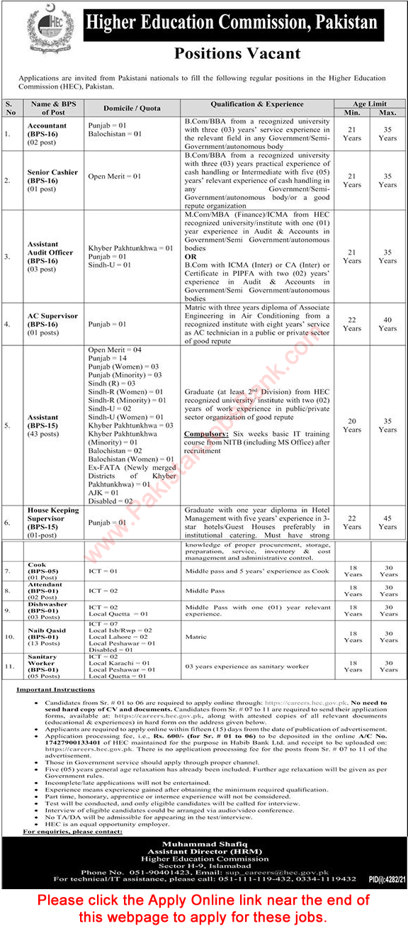 HEC Jobs December 2021 / 2022 Apply Online Assistants, Naib Qasid & Others Higher Education Commission Latest