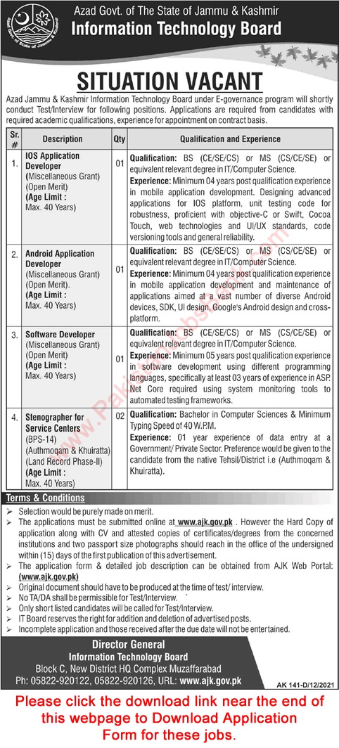 AJK Information Technology Board Jobs 2022 Application Form IT Board Application Developers & Others Latest