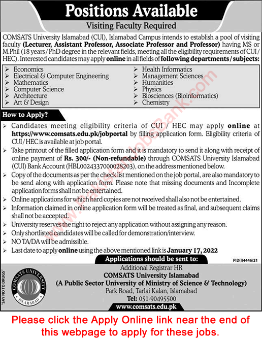 Teaching Faculty Jobs in COMSATS University Islamabad 2022 CUI Apply Online Latest