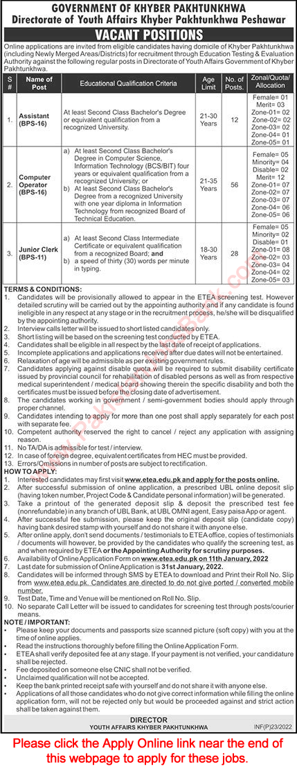 Directorate of Youth Affairs KPK Jobs 2022 ETEA Apply Online Computer Operators, Clerks & Assistants Latest