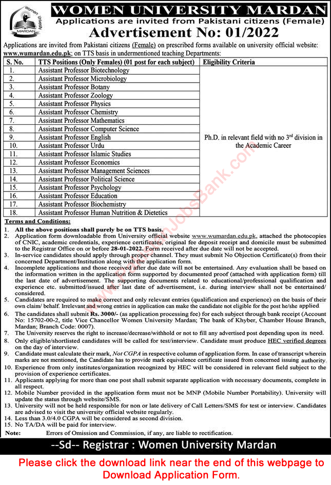 Assistant Professor Jobs in Women University Multan 2022 Application Form Download Latest