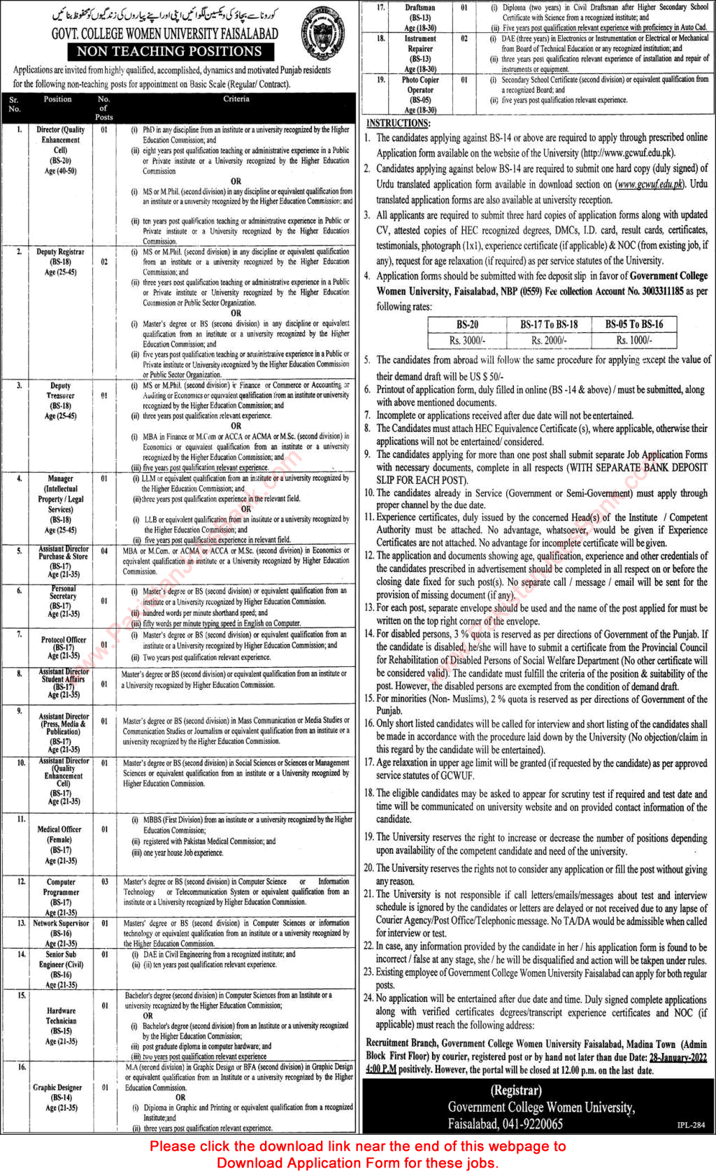 Government College Women University Faisalabad Jobs 2022 GCWUF Application Form Latest