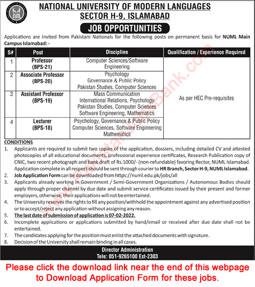 Teaching Faculty Jobs in NUML University Islamabad 2022 Application Form Latest