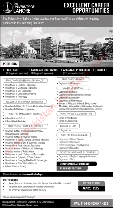Teaching Faculty Jobs in University of Lahore 2022 UOL Latest