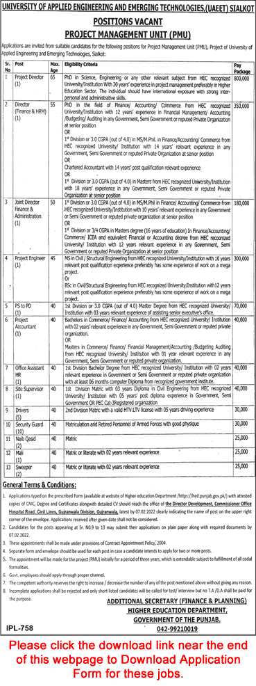University of Applied Engineering and Emerging Technologies Sialkot Jobs 2022 UAEET Application Form Latest