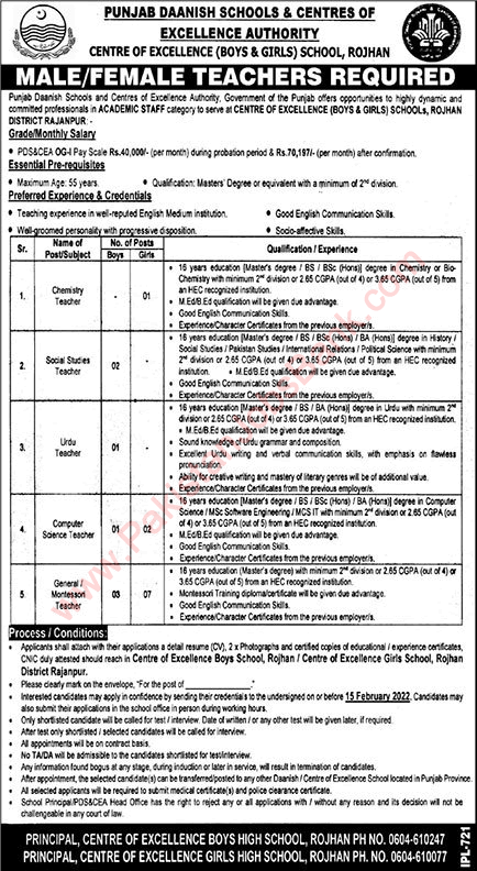 Danish School Rajanpur Jobs 2022 January for Teachers Center of Excellence High School Rojhan Latest