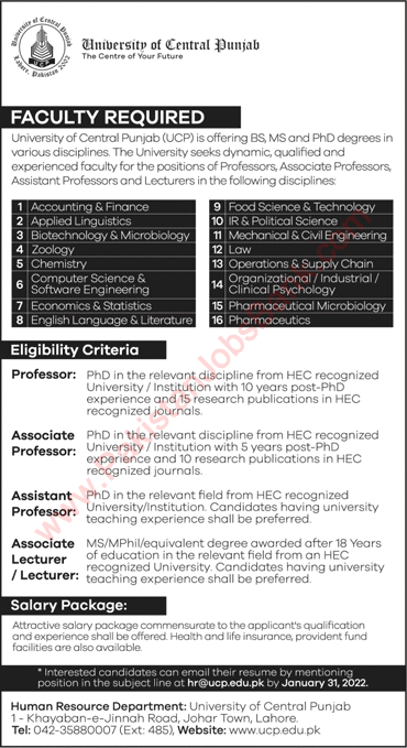 Teaching Faculty Jobs in University of Central Punjab Lahore 2022 January UCP Latest