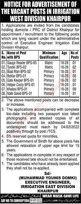 Irrigation Department Khairpur Jobs 2022 Khalasi, Beldar & Others East Division Latest