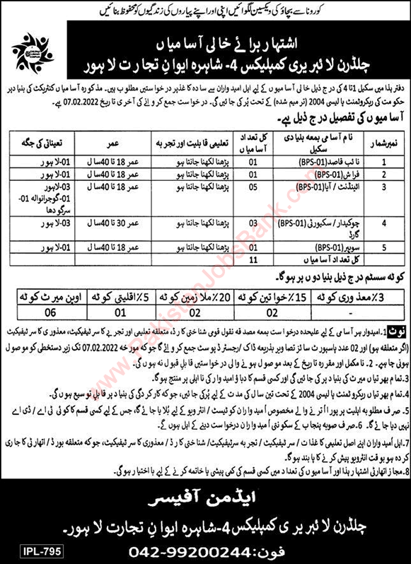 Children Library Complex Punjab Jobs 2022 Attendants, Chowkidar & Others Latest