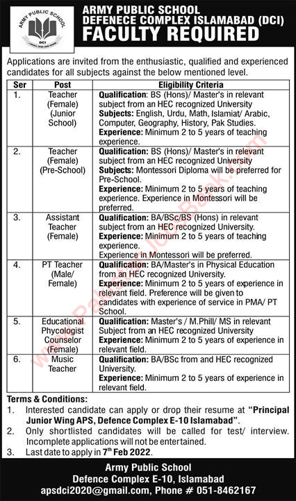 Army Public School Defence Complex Islamabad Jobs 2022 February DCI Teachers & Others Latest