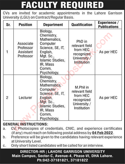 Lahore Garrison University Jobs 2022 January / February for Teaching Faculty Latest