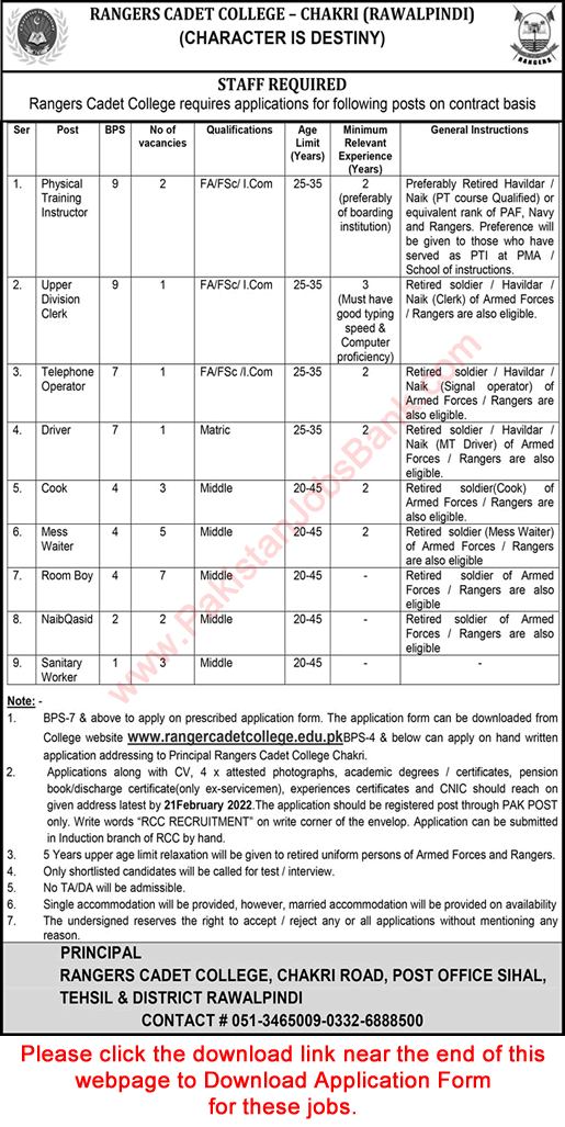 Rangers Cadet College Chakri Rawalpindi Jobs 2022 February Application Form Latest