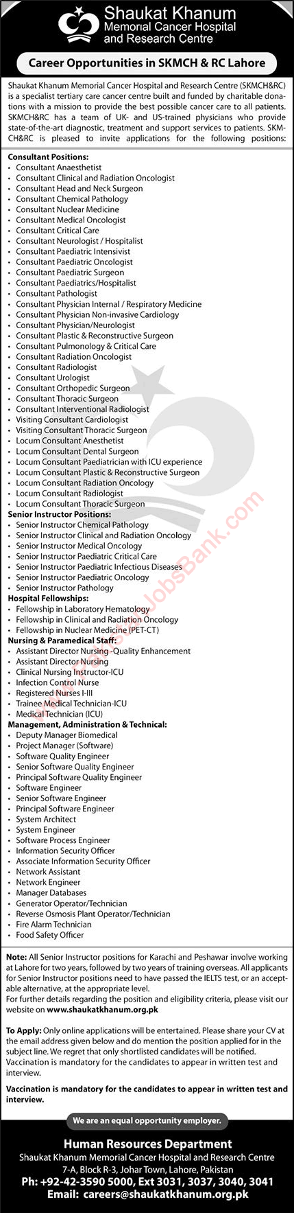 Shaukat Khanum Hospital Lahore Jobs February 2022 Medical Consultants, & Others SKMCH Latest