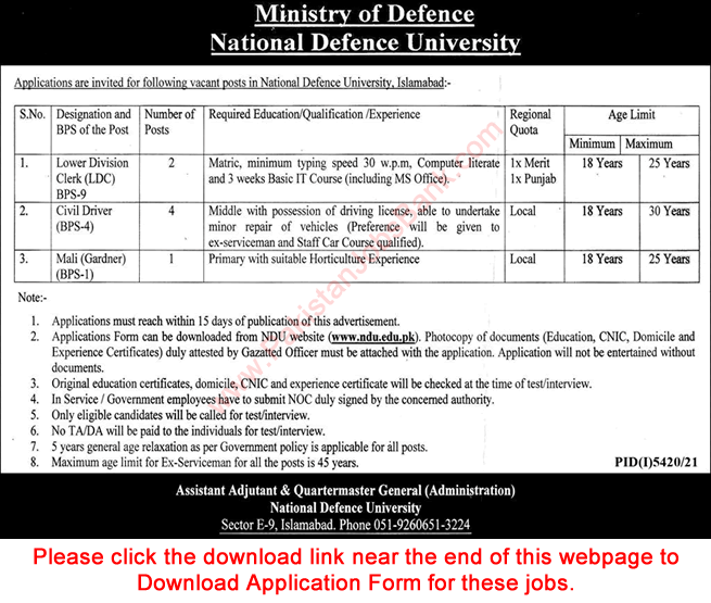 National Defence University Islamabad Jobs 2022 February NDU Application Form Latest