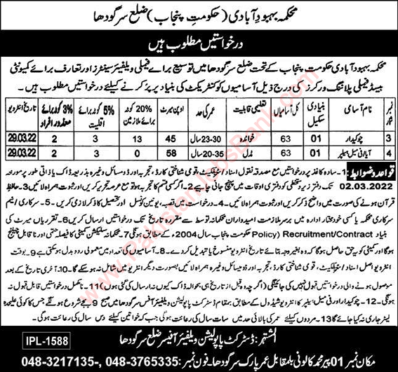 Population Welfare Department Sargodha Jobs 2022 February Chowkidar, Aya & Female Helpers Latest