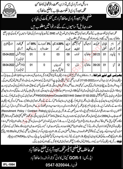 Population Welfare Department Hafizabad Jobs 2022 February Aya & Chowkidar Latest