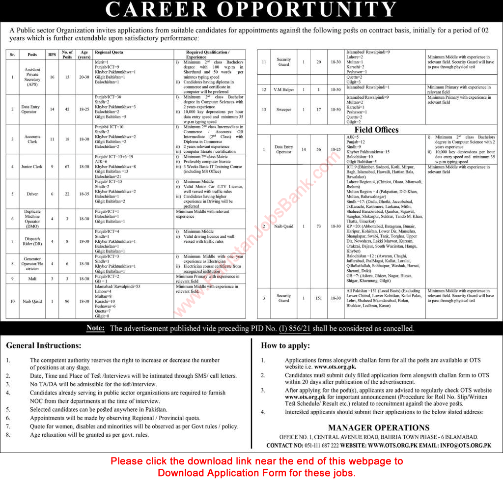 Public Sector Organization Jobs February 2022 OTS Application Form Security Guards, Naib Qasid, Data Entry Operators & Others Latest