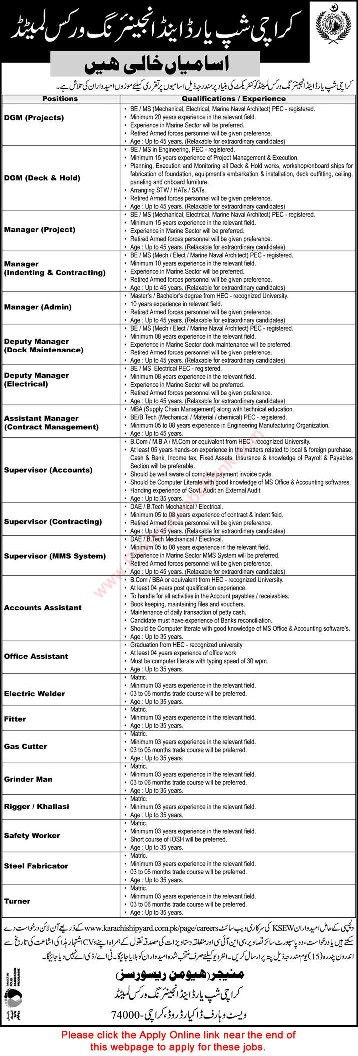 Karachi Shipyard and Engineering Works Jobs February 2022 March Online Apply Assistant Managers & Others KSEW Latest