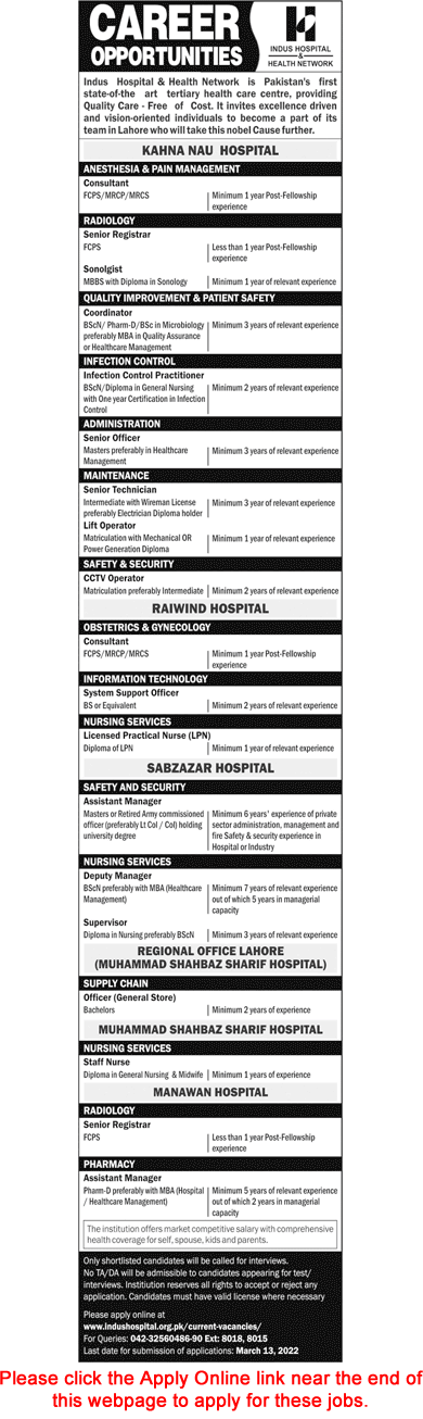 Indus Hospital Lahore Jobs February 2022 March Staff Nurse, Assistant Managers & Others Latest