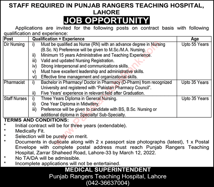 Punjab Rangers Teaching Hospital Lahore Jobs 2022 March Staff Nurses & Others Latest