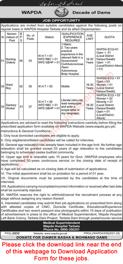 WAPDA Hospital Tarbela Jobs 2022 March Application Form Sanitary Workers, Ward Boys & Others Latest