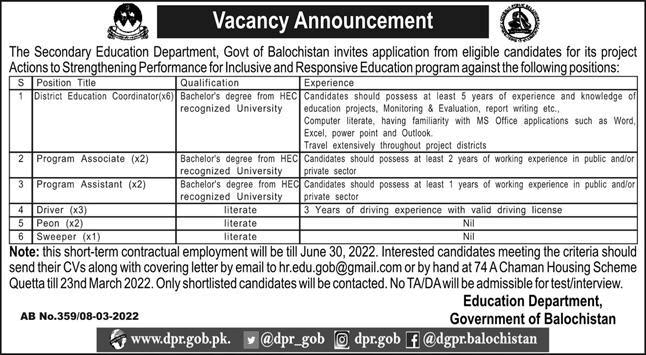 Secondary Education Department Balochistan Jobs 2022 March District Education Coordinators & Others Latest