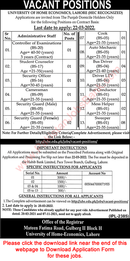 University of Home Economics Lahore Jobs 2022 March Application Form Sweepers, Security Guards & Others Latest