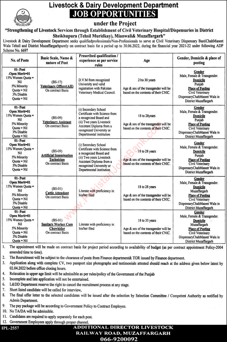 Livestock and Dairy Development Department Punjab Jobs March 2022 Veterinary Officer, Assistant & Others Latest