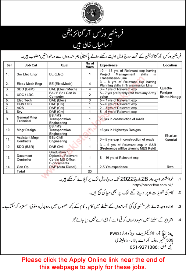 FWO Jobs 2022 March Apply Online Frontier Works Organization Latest