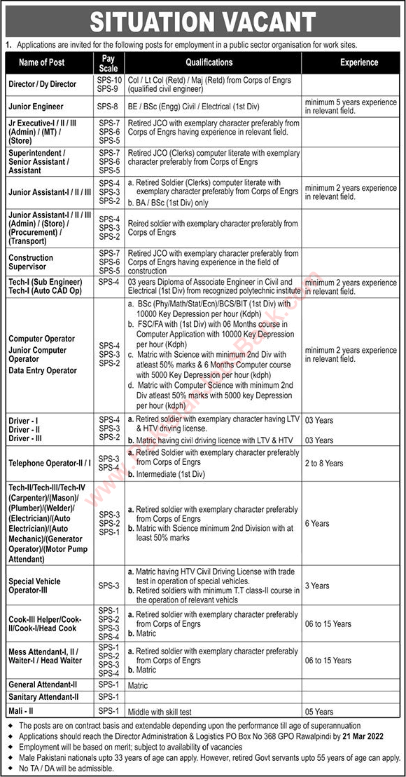 PO Box 368 GPO Rawalpindi Jobs March 2022 Assistants, Attendants, Engineers, Technicians & Others Pak Army Latest