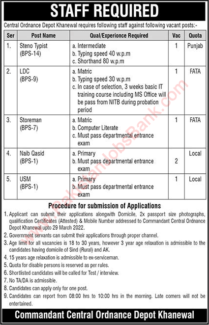 Central Ordnance Depot Khanewal Jobs 2022 March Naib Qasid & Others Latest