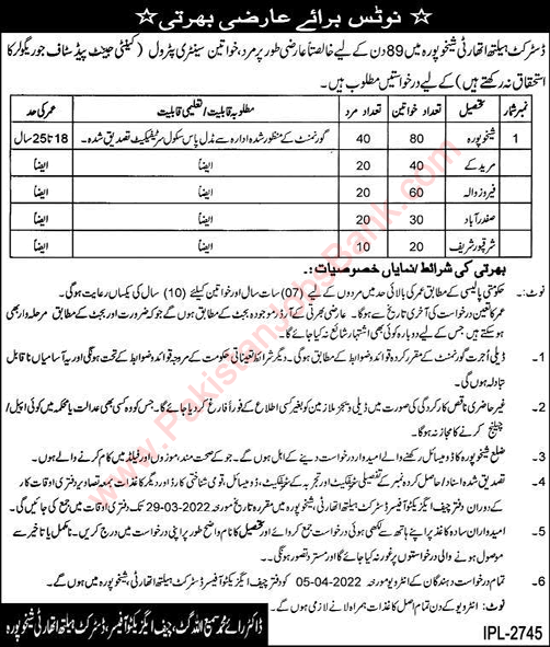 Sanitary Patrol Jobs in Health Department Sheikhupura March 2022 District Health Authority Latest