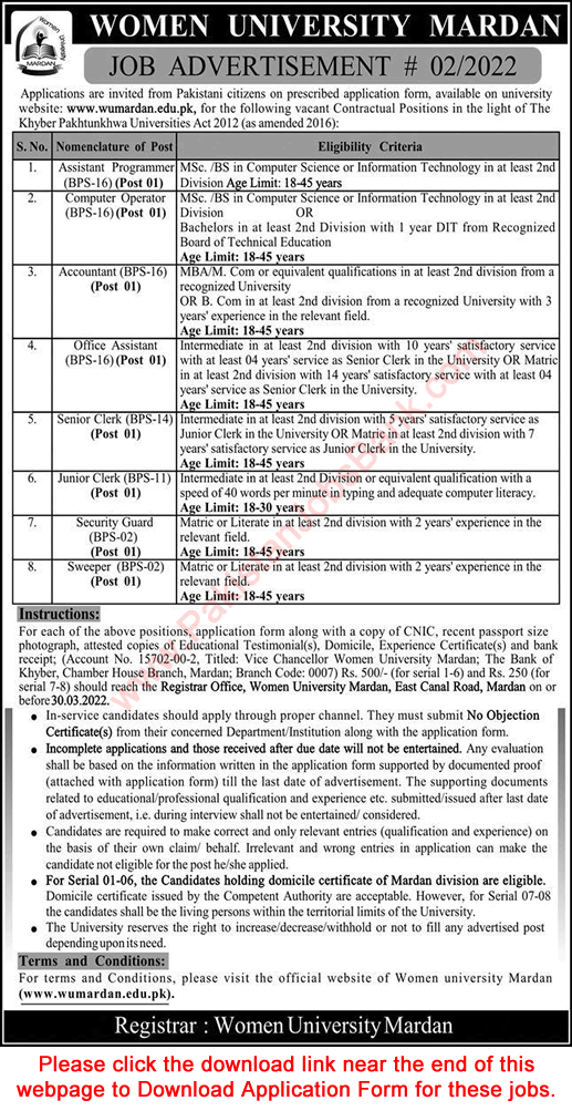 Women University Mardan Jobs March 2022 Application Form Clerks, Office Assistant & Others Latest