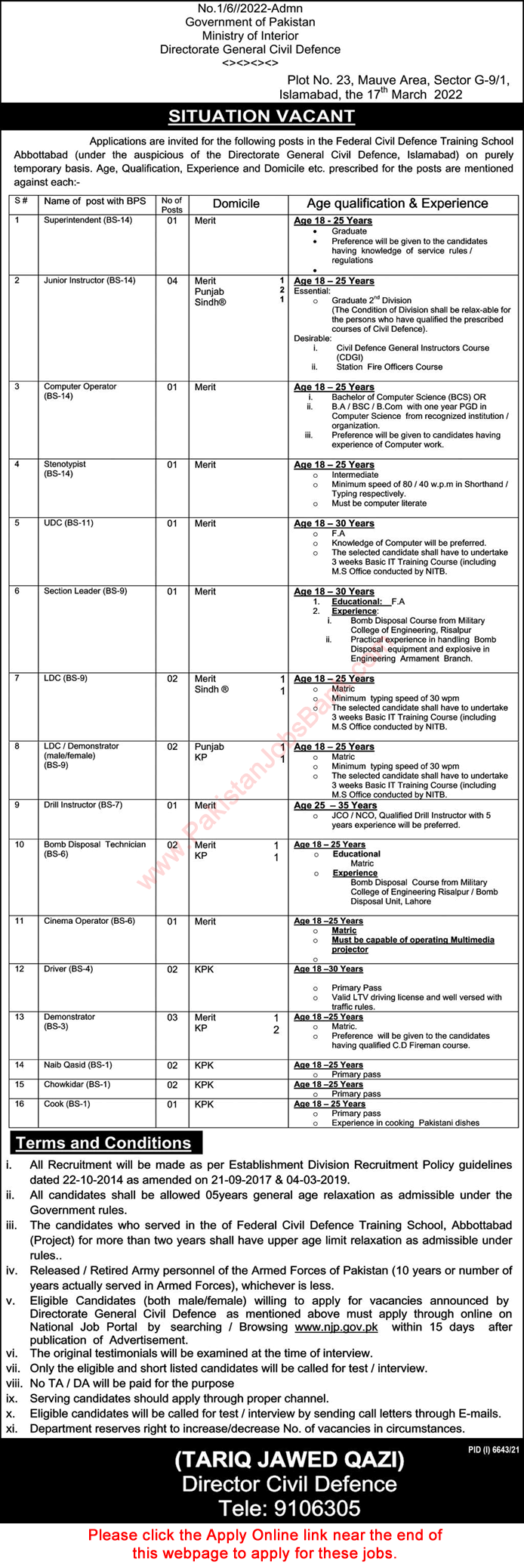 Directorate General Civil Defence Jobs 2022 March Apply Online Instructors, Clerks & Others Latest