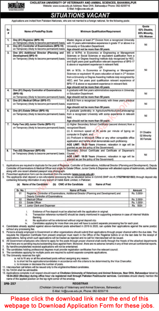 Cholistan University of Veterinary and Animal Sciences Bahawalpur Jobs 2022 March CUVAS Application Form Clerks & Others Latest