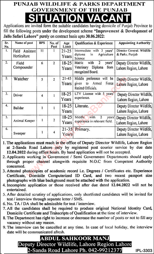 Wildlife and Parks Department Punjab Jobs March 2022 Sweepers, Field Compounders & Others Latest