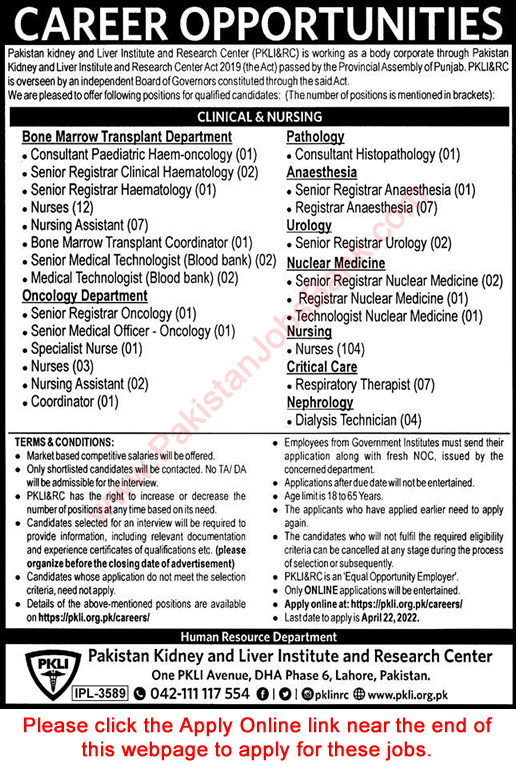 PKLI Lahore Jobs 2022 April PKLI&RC Apply Online Pakistan Kidney and Liver Institute and Research Center Latest