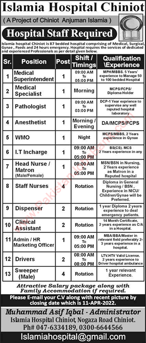 Islamia Hospital Chiniot Jobs 2022 April Staff Nurses & Others Latest