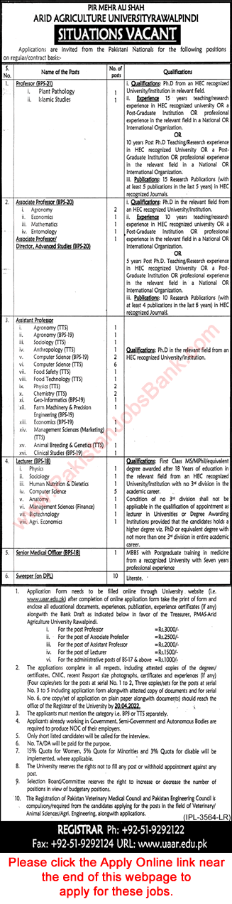 Arid Agriculture University Rawalpindi Jobs April 2022 PMAS AAUR Apply Online Teaching Faculty & Others Latest