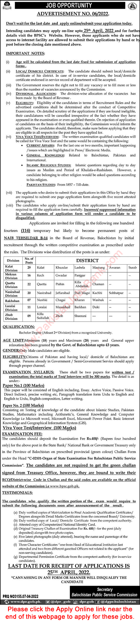 Naib Tehsildar Jobs in Board of Revenue Balochistan April 2022 BPSC Apply Online Latest