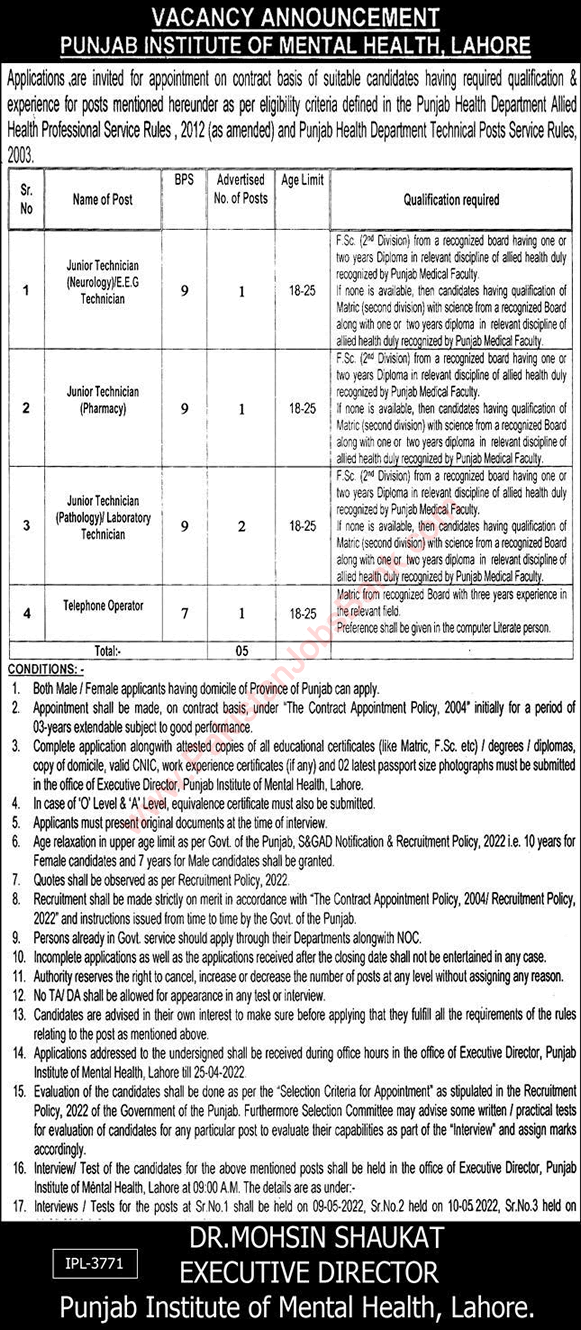 Punjab Institute of Mental Health Lahore Jobs 2022 April Medical Technicians & Telephone Operator Latest